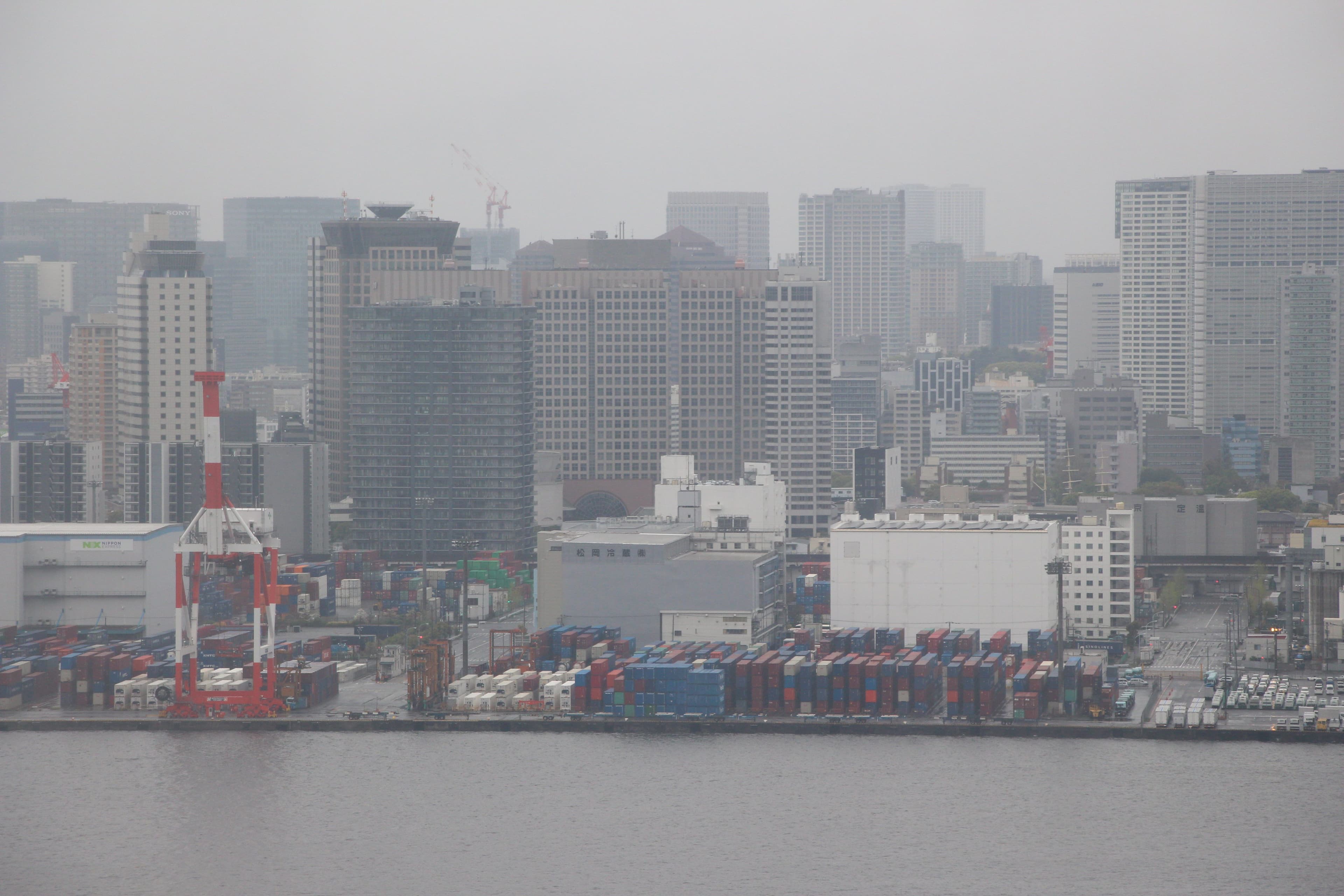 Tokyo Bay automated container terminal at dusk, gantry cranes and cargo ships under amber terminal light